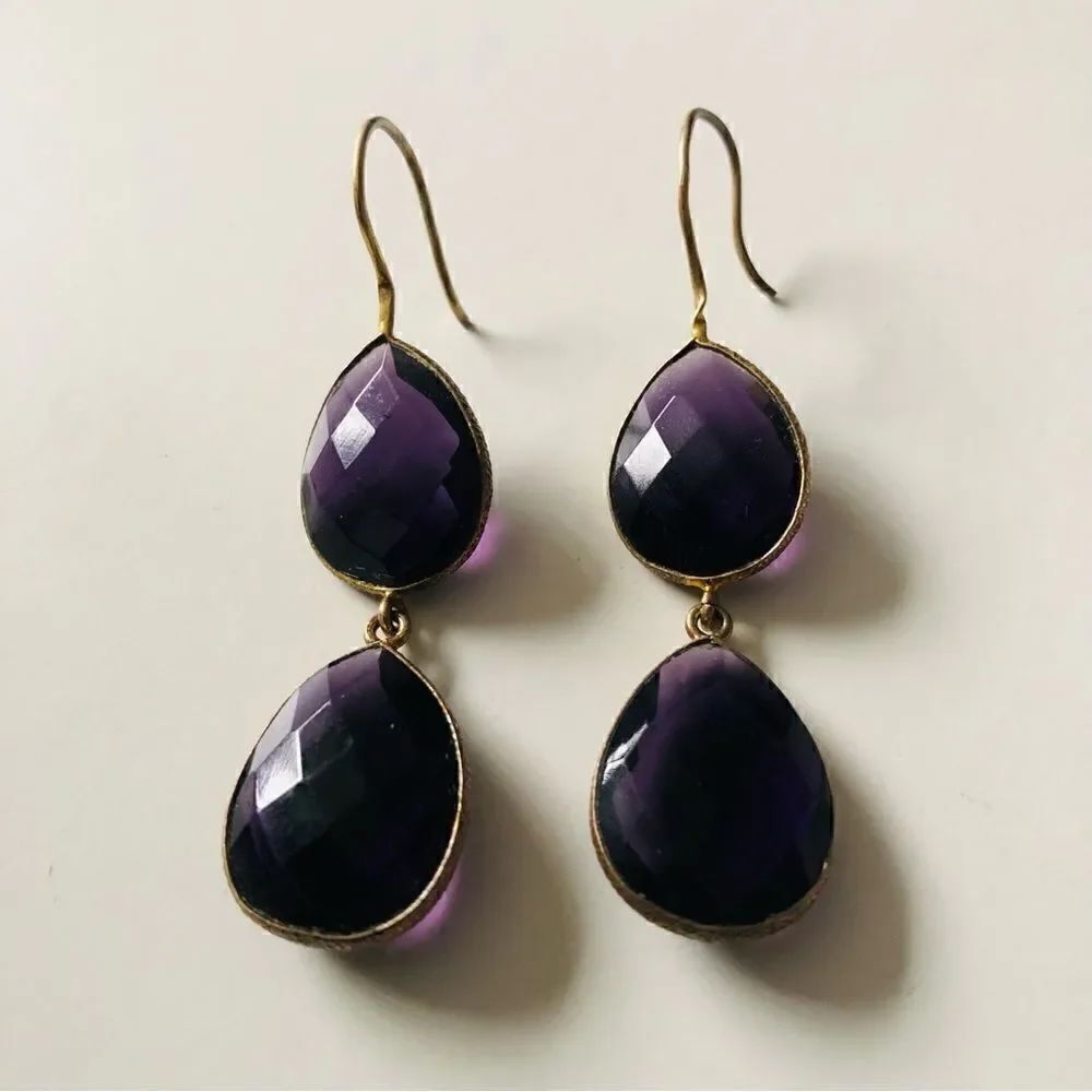 Purple Double Tear Drop Evening Earrings